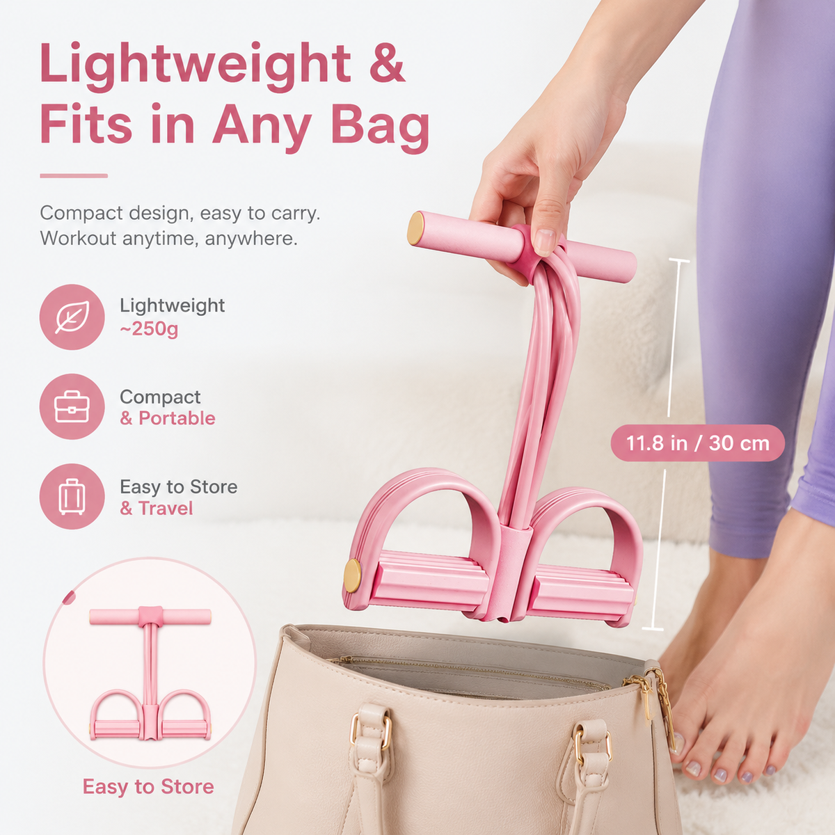 Lightweight pedal resistance band fits in a bag