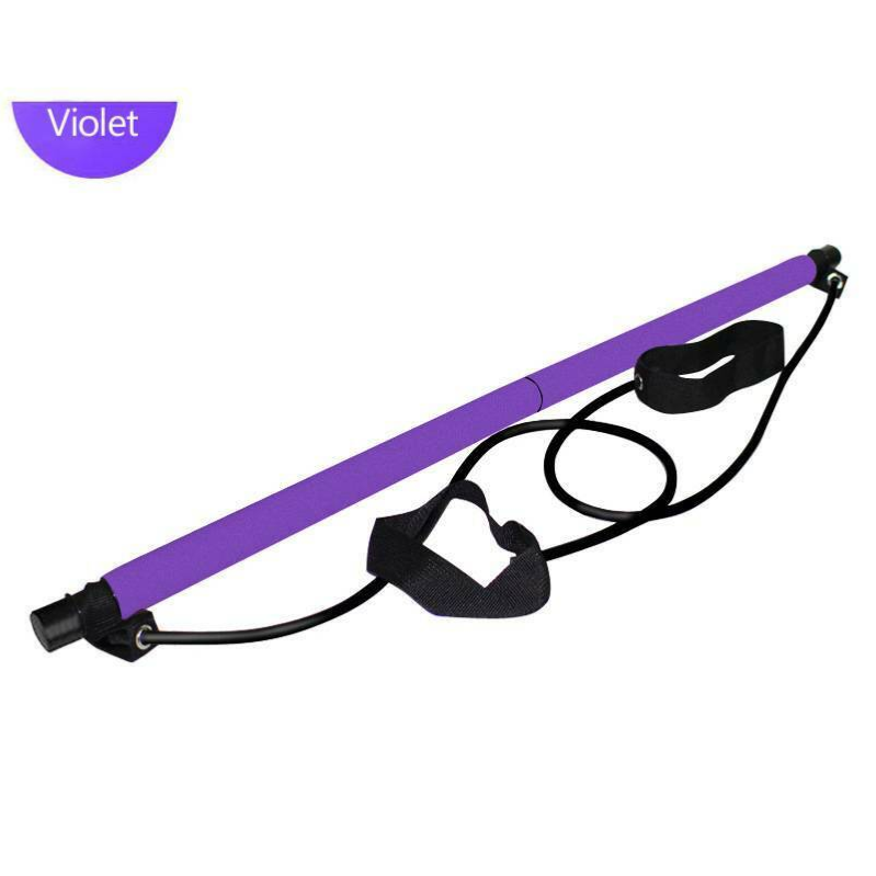 Purple Pilates bar with resistance tubes and foot loops