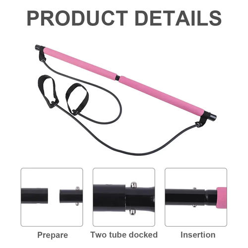 Pink Pilates bar with resistance tubes and foot loops, two-piece bar detail