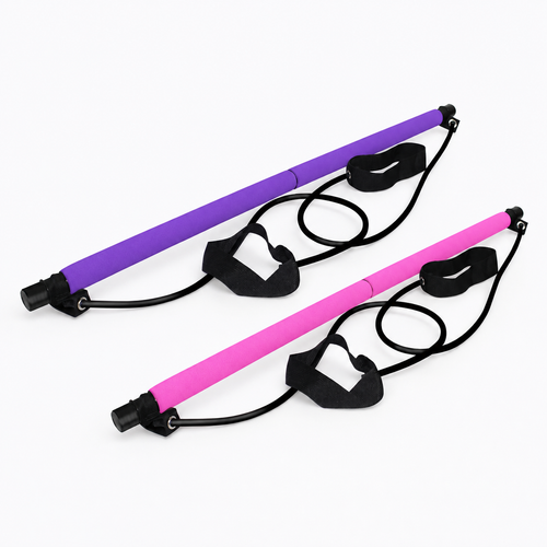 Pilates bar with resistance bands in pink and purple