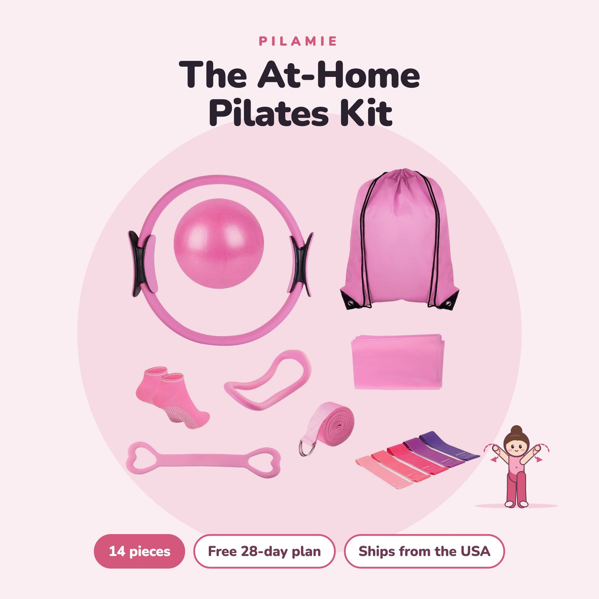 Pilamie At-Home Pilates Kit, 14 pieces in pink with carry bag