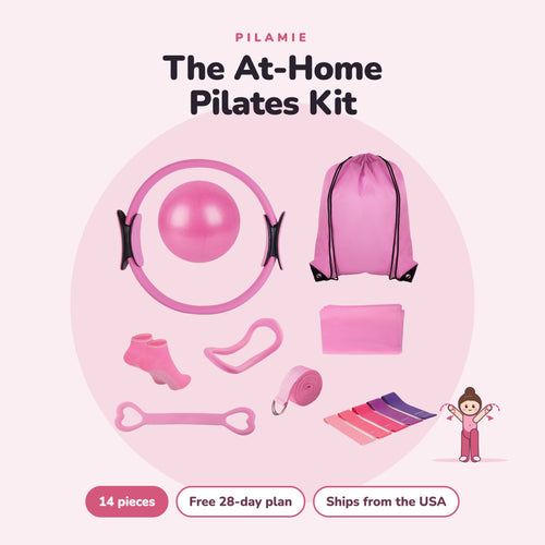 Pilamie At-Home Pilates Kit, 14 pieces in pink with carry bag