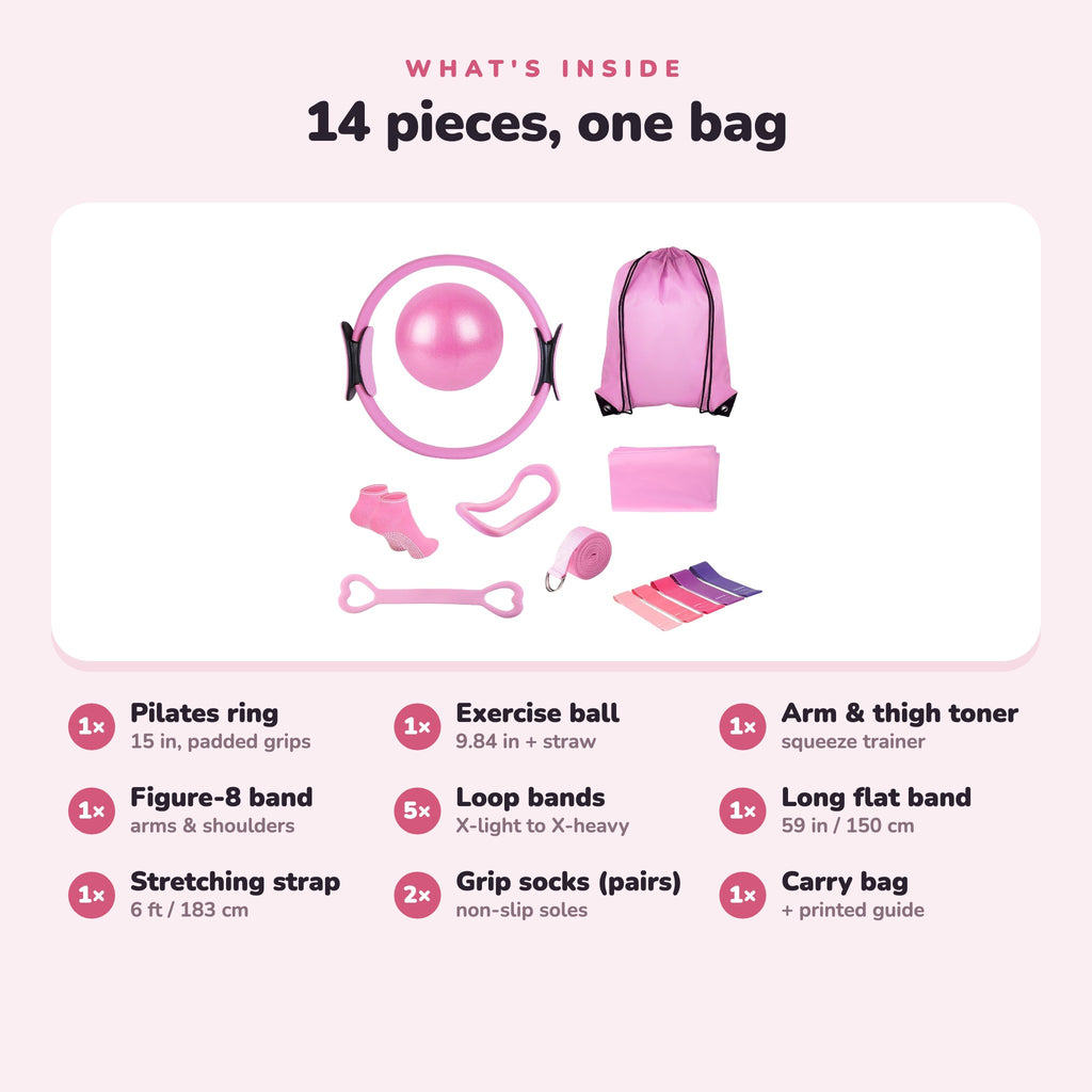 What's inside the 14-piece Pilates kit