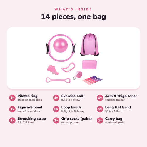 What's inside the 14-piece Pilates kit