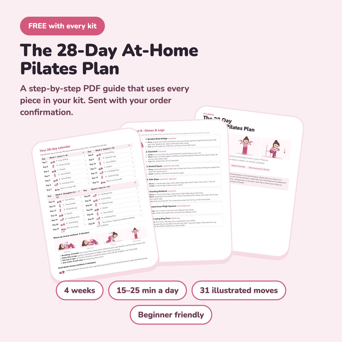 Free 28-Day At-Home Pilates Plan PDF included with the kit