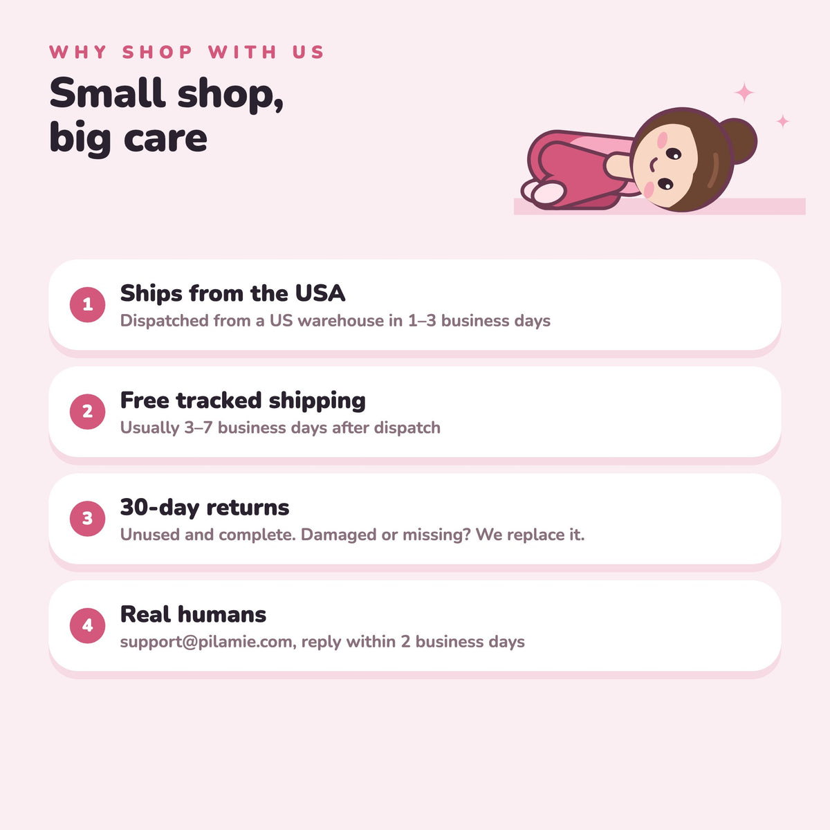 Ships from the USA, free tracked shipping, 30-day returns